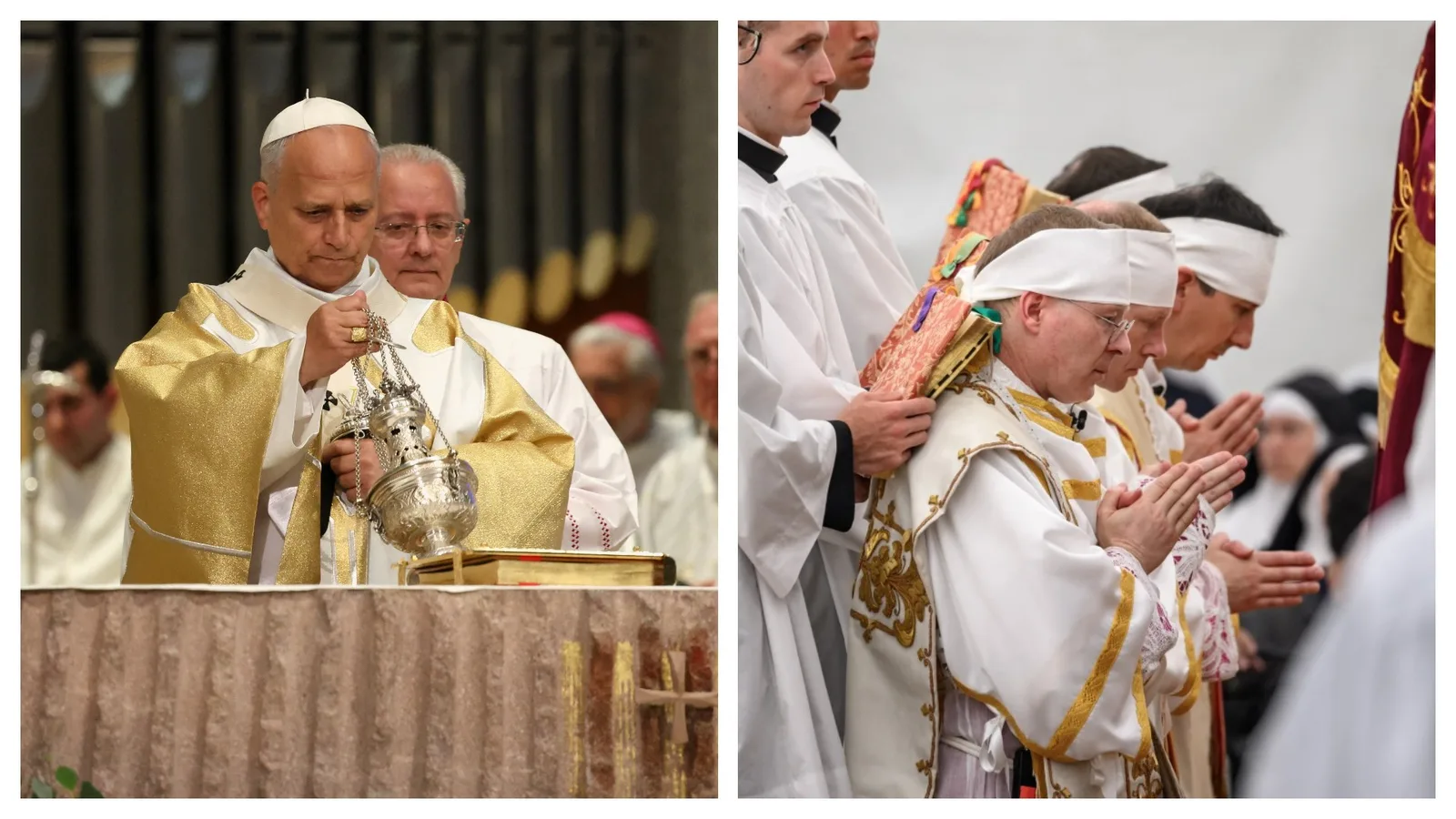Papa Leão XIV, com expressão séria e vestes papais, segura documento no Vaticano, com Basílica de São Pedro ao fundo.