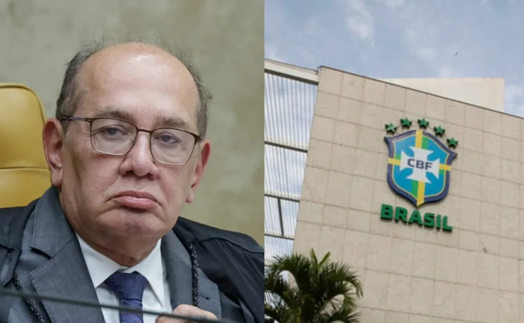 Ministro Gilmar Mendes em sessão do STF, com toga e expressão séria, ao fundo plenário do tribunal.