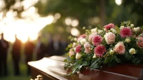 floral decorado caixão às ao ar livre velório cerimônia com borrado pessoas silhuetas e caloroso luz solar durante uma solene momento do lembrança foto